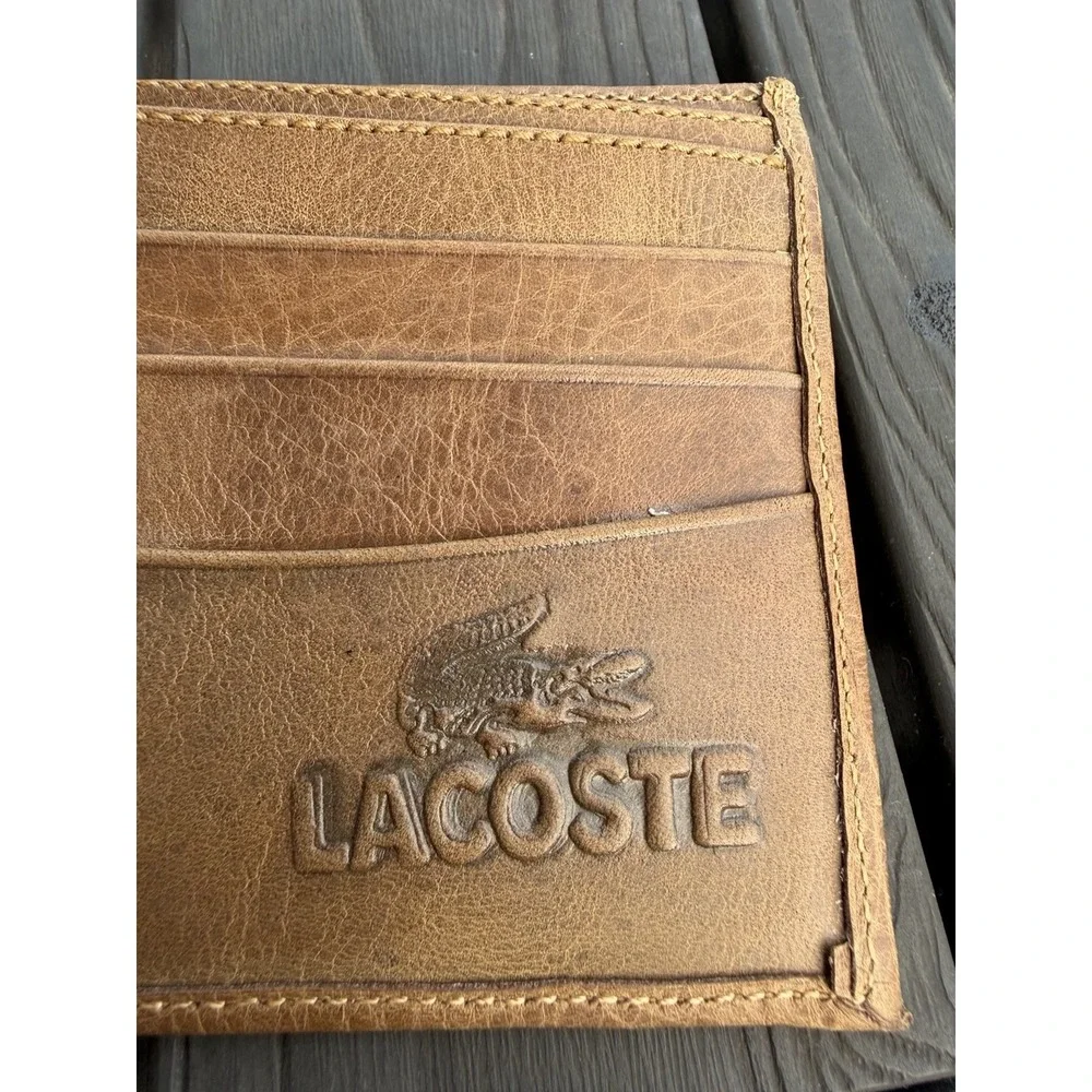 Vtg Lacoste Men's Logo Brown Leather Wallet W/pull Out Wallet Card